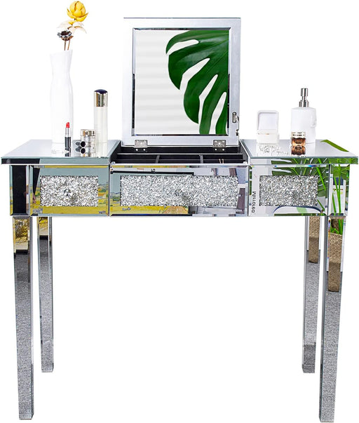 Silver Mirrored Vanity Desk, Glass Vanity W/Drawers and Flip Mirror, Bling Mirror Vanity Desk for Women Girls Bedroom, Makeup Room & Office Writing Desk