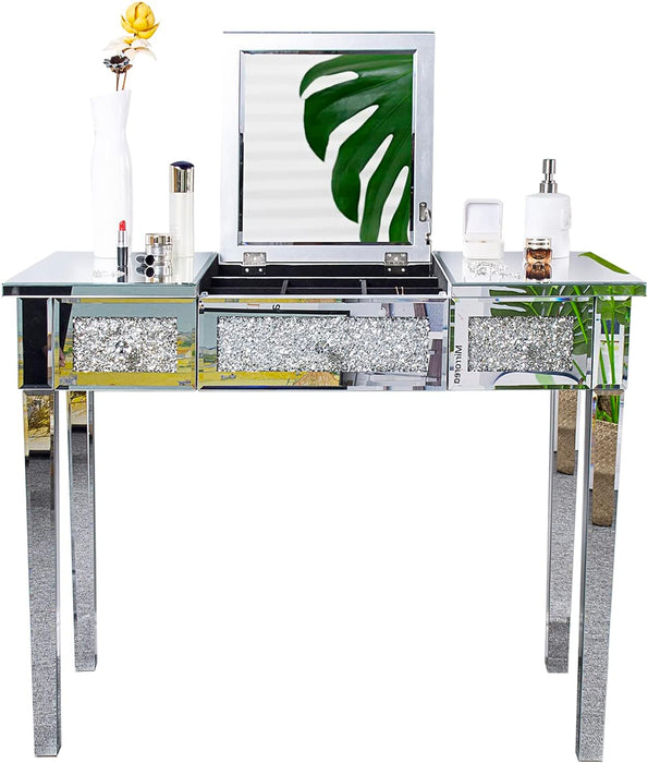 Silver Mirrored Vanity Desk, Glass Vanity W/Drawers and Flip Mirror, Bling Mirror Vanity Desk for Women Girls Bedroom, Makeup Room & Office Writing Desk