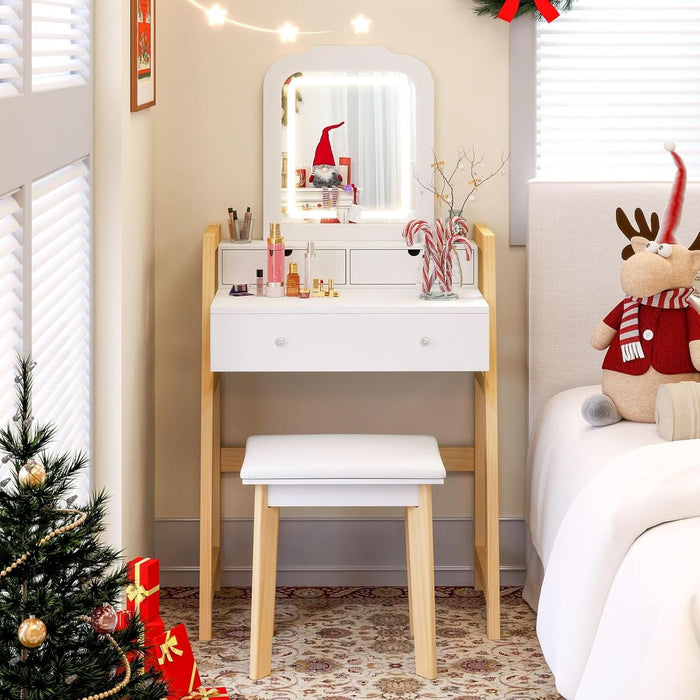 Small Vanity Desk with Mirror and Lights, White Makeup Vanity Desk with 3 Drawers, Adjustable Heights, 3 Color Lighting Modes, Compact Bedroom Dressing Table with Stool for Small Space
