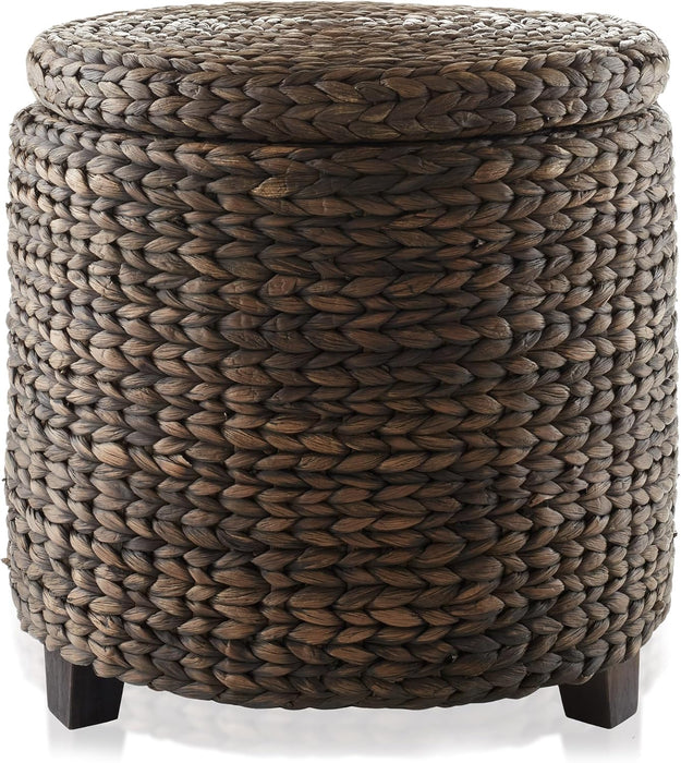17" round Storage Ottoman with Lid - Espresso, Handwoven Water Hyacinth Footstool for Living Room, Bedroom, Bathroom, Home Office