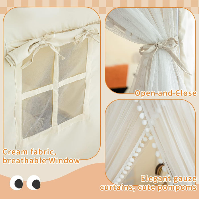 Kids Play Tent with Padded Mat, Kids Tents Indoor Playhouse for Toddler, Large Princess Castle Pompoms Play House Tent for Girl Bed Tents Toys for Boys Girl Birthday House Gift