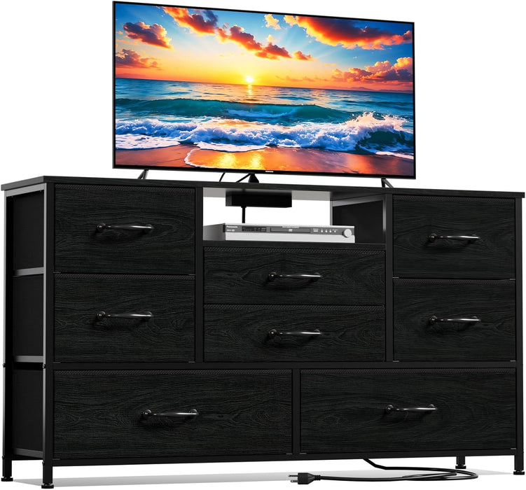 Black Oak Dresser TV Stand with 8 Drawers