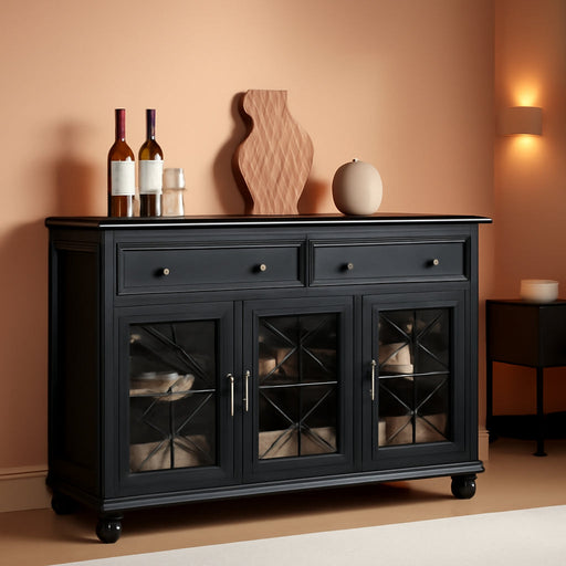 Farmhouse Sideboard Buffet Cabinet with Storage,59" Large Credenza with 4 Glass Doors & 2 Drawers,Adjustable Shelves Console Table,Wood Kitchen Coffee Bar for Dining Room,Living Room,Black