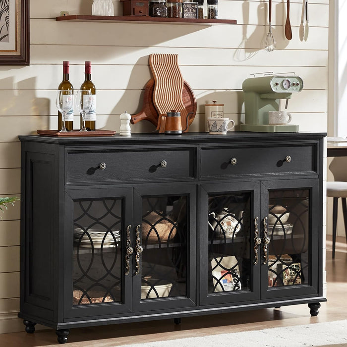 Farmhouse Sideboard Buffet Cabinet with Storage,59" Large Credenza with 4 Glass Doors & 2 Drawers,Adjustable Shelves Console Table,Wood Kitchen Coffee Bar for Dining Room,Living Room,Black