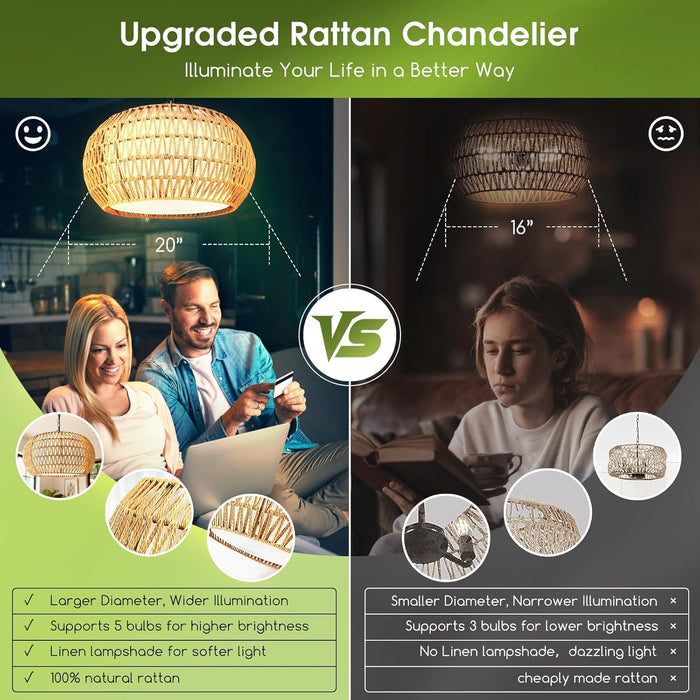 19 Inch Natural Rattan Chandelier Bohemian Farmhouse