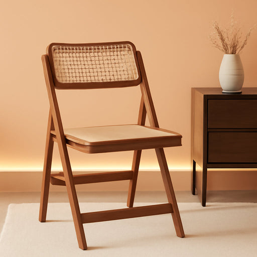 Rattan Folding Chairs, Modern Mid Century Dining Chairs Set of 2, Outdoor Bamboo Chairs for Bedroom Living Room Reading Room Dining Kitchen, Walnut