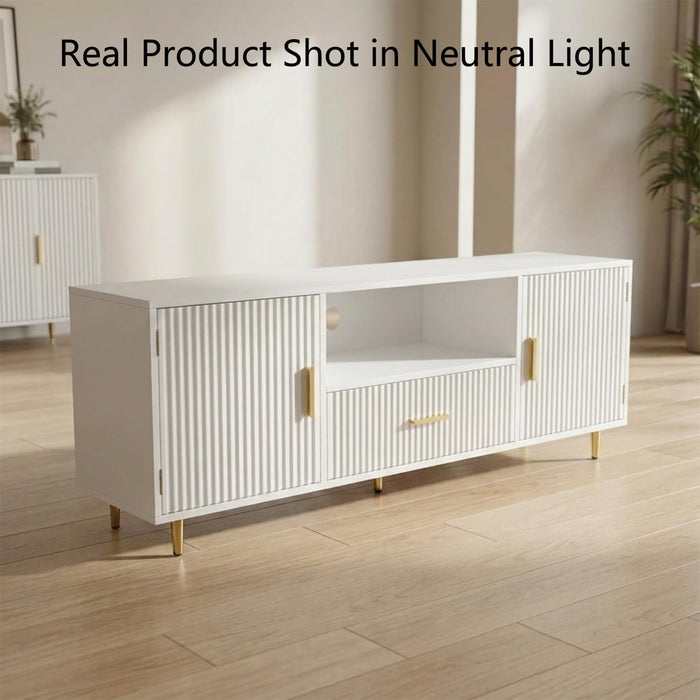 Modern Fluted TV Stand for 55/60/65 Inch TV, 57" Entertainment Center Media Console Table with Drawer & Storage Cabinets, Ribbed Design TV Cabinet Credenza for Living Room, White