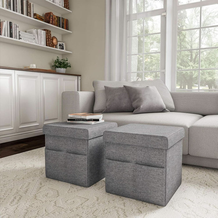 Set of 2 Ottomans with Storage Pockets - 15-Inch Folding Foot Rests or Storage Organizers for Bedroom, Living Room, or Dorm by  (Gray)
