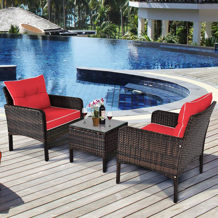 3 Piece Outdoor Patio Furniture Set, Wicker Chairs Set with Glass Top Coffee Table, Thick Cushions, All Weather Garden Lawn Poolside Backyard Porch Furniture Set for 2 (Red)