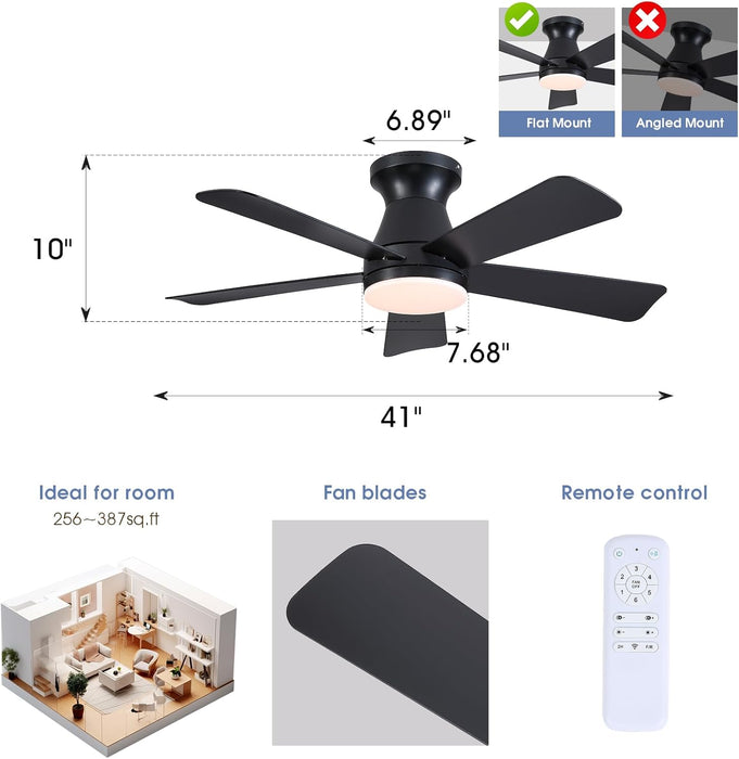 41" Black Low Profile Ceiling Fans with Lights and Remote, Modern Flush Mount Ceiling Fan Light with Quiet Reversible DC Motor for Bedroom Kitchen