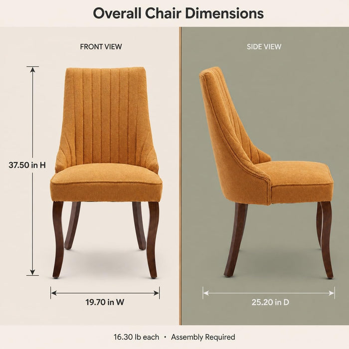 Upholstered Dining Chairs Set of 6, Gold Fabric, Curved Brown Wood Legs
