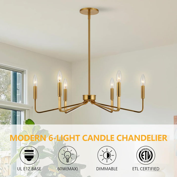 Gold Farmhouse Chandeliers for Dining Room, 6-Light Modern Chandelier Light Fixture, Brushed Brass Industrial Candle Lighting Hanging Ceiling for Living Room Bar Kitchen Island Lights