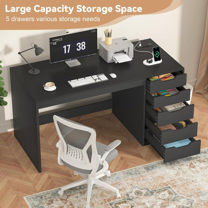 47 Inch Computer Desk with 5 Drawers and Power Outlets, Home Office Desks with Storage File Cabinet, Modern Simple Laptop Desk Writing Table for Small Spaces, Black