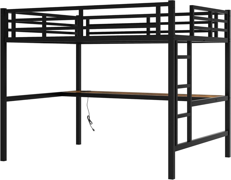 Full Size Metal Loft Bed with Desk and LED Lights,Heavy Duty Loft Bed Frame with Charging Station and USB for Kids,Teens,Adults,Full Size,Black