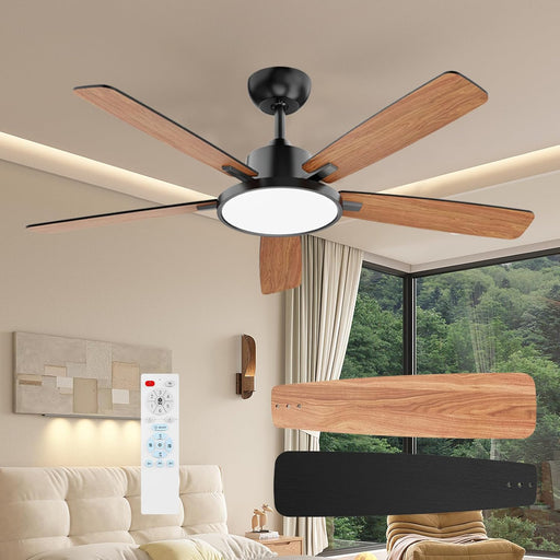 52 Inch Black Ceiling Fans with Lights Led Remote Control Flush Mount Low Profile for Bedroom Living Dining Room Outdoor Farmhouse Patio,Reversible,Dc Motor,Diammable,Buzzer On/Off,5 Blades