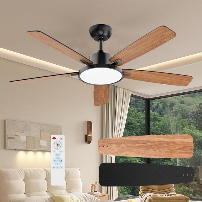 52 Inch Black Ceiling Fans with Lights Led Remote Control Flush Mount Low Profile for Bedroom Living Dining Room Outdoor Farmhouse Patio,Reversible,Dc Motor,Diammable,Buzzer On/Off,5 Blades