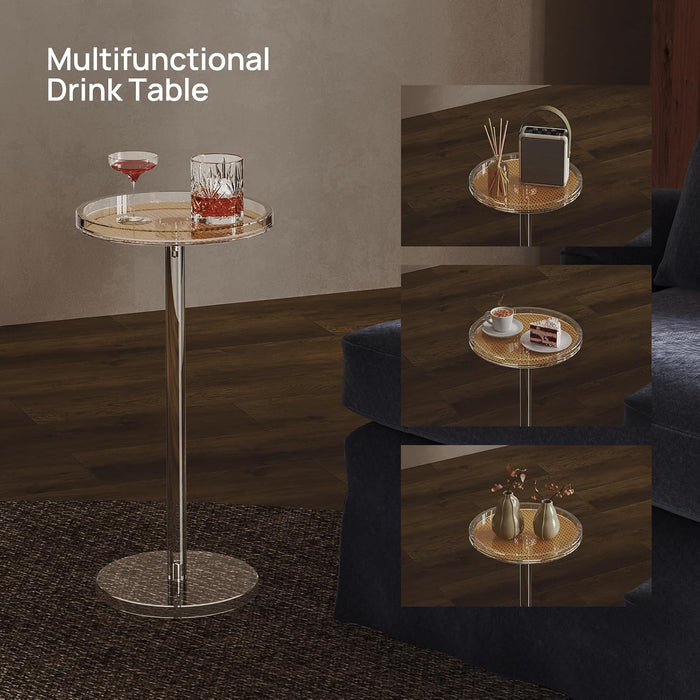 Acrylic Rattan Drink Table for Small Spaces, 11.8'' L X 11.8'' L X 24'' H, round Coffee Martini Drink Side Table with Pedestal for Living Room, Corners, Sofa, Clear, Easy Assembly