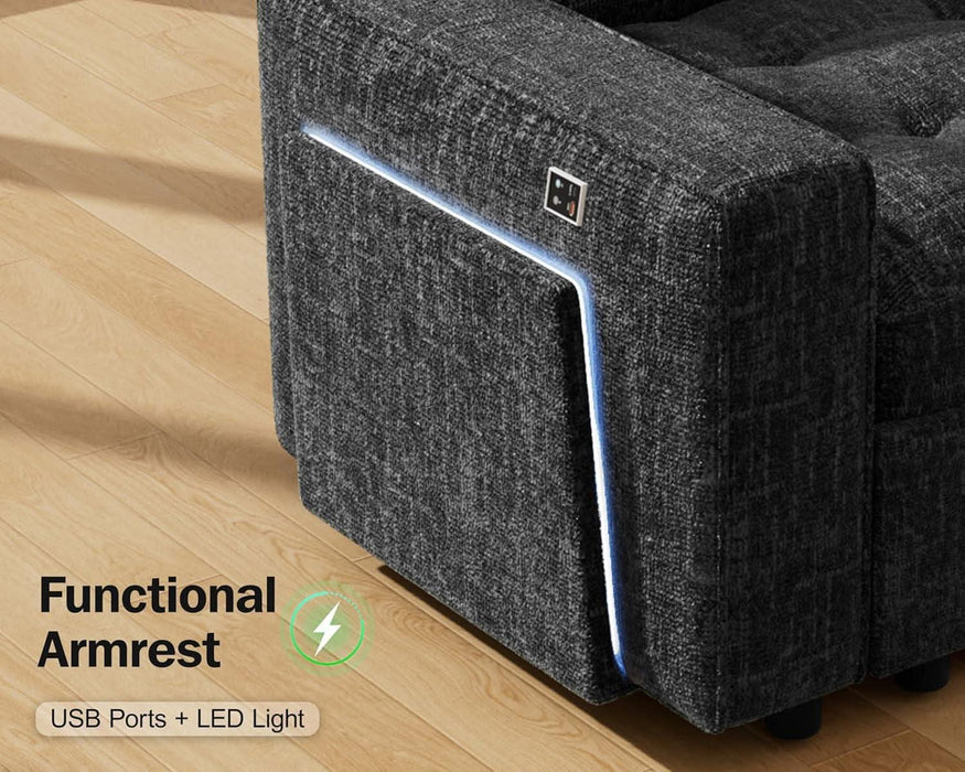 8 Seat U Shaped Modular Sectional Sleeper Sofa with Pull Out Bed/Reclining Backrest/Usb Ports/Table/Led Light/Storage Seat, Sectional Sleeper Couch, Tool-Free Assembly, Chenille Black
