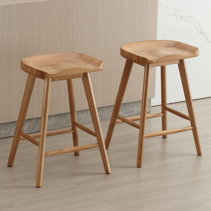 Backless Counter Height Bar Stools Set of 2, 24’’ Rustic Farmhouse Wooden Saddle Stools Ergonomic-Seat Bar Chairs, Bar Height Barstools for Kitchen Counter Island, Brown