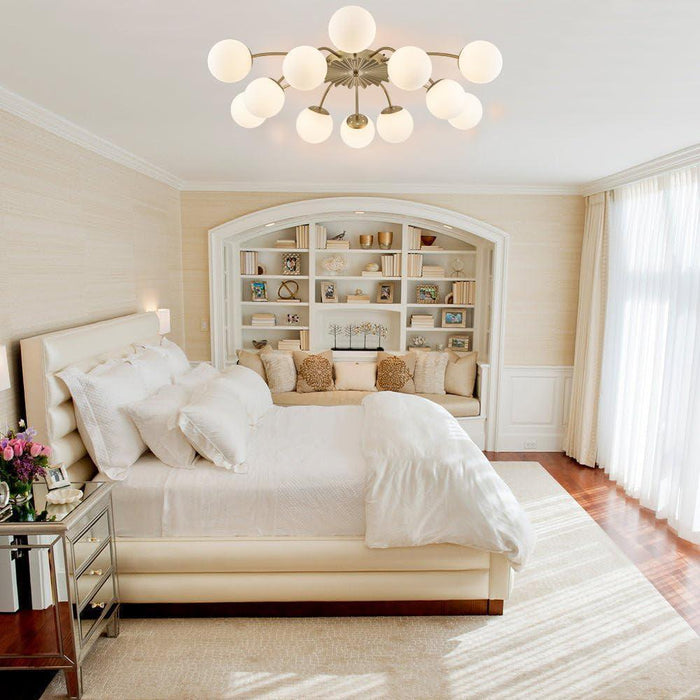 38.1 In. 12-Light Mid Century Modern Sputnik Chandelier Gold Semi Flush Mount Ceiling Light, Opal Glass Bubble and Blossom Accent Milk Glass Bubble Lighting Fixture for Dining Living Entry