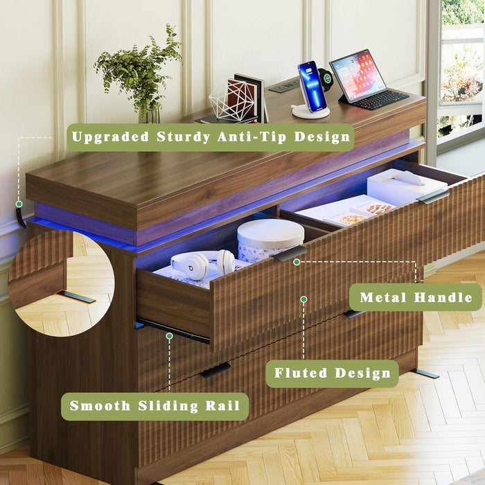 6 Drawer Dresser with LED Lights and Charging Station, 47" Wide Walnut Wood Fluted Dresser for Bedroom, Modern Chest of Drawers for Closet Organizer Cabinet for Living Room, Entryway, Hallway