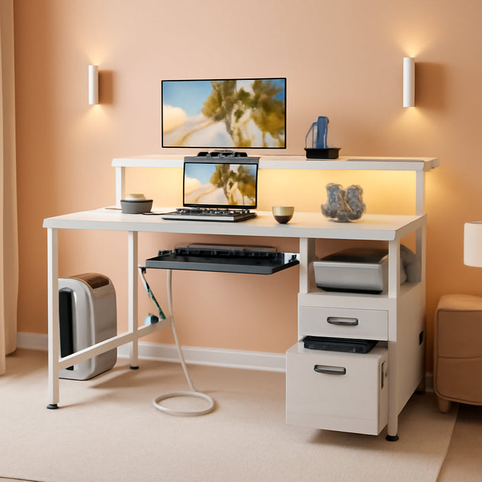 48" Computer Desk with Fabric File Cabinet and Drawer, Reversible Office Desk with Power Outlet and LED Light, Study Desk with Printer Stand, Keyboard Tray, Full Monitor Riser and PC Stand, White