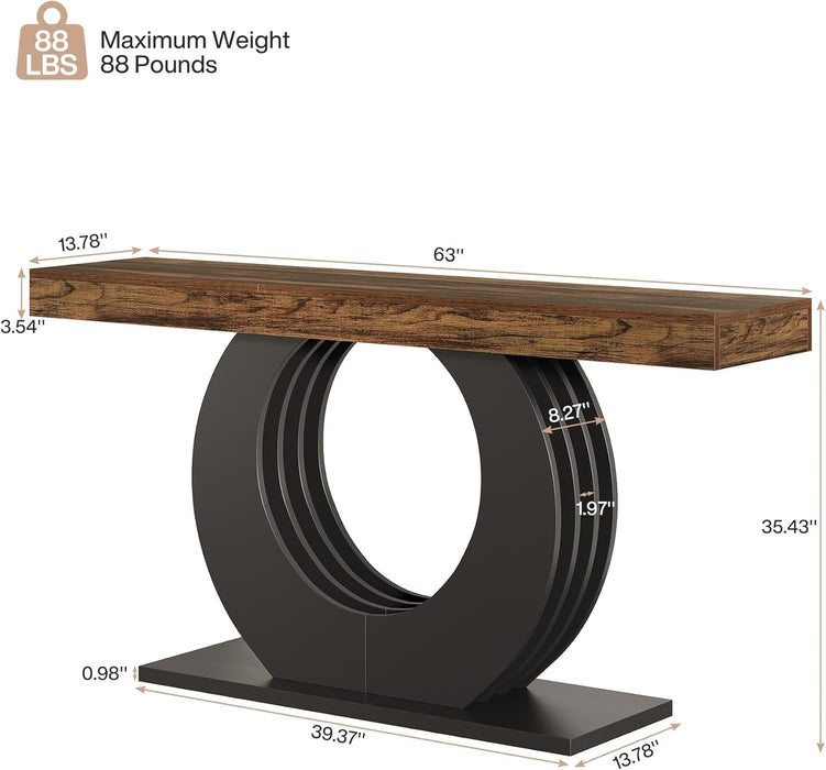63-Inch Console Sofa Table, Rustic Industrial Farmhouse Entryway Table, Narrow Long Couch Console behind Sofa with Black Circle Base for Living Room Hallway, Rustic Brown