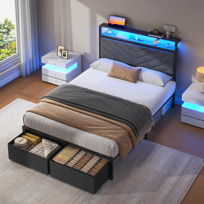 Twin Bed Frame with Storage Drawers, Upholstered Headboard with Charging Station, LED Lights, Fabric Drawers with Wheels, under Bed Storage, No Box Spring Needed, Easy Assembly, Grey