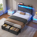 Twin Bed Frame with Storage Drawers, Upholstered Headboard with Charging Station, LED Lights, Fabric Drawers with Wheels, under Bed Storage, No Box Spring Needed, Easy Assembly, Grey