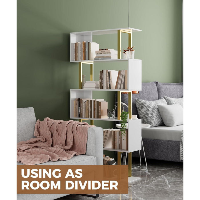 5 Tier Geometric Bookcase,S Shaped Bookshelf, Wood Decorative Storage Shelving, Modern Freestanding Display Shelves, Tall Book Shelf Unit for Living Room Bedroom, Gold