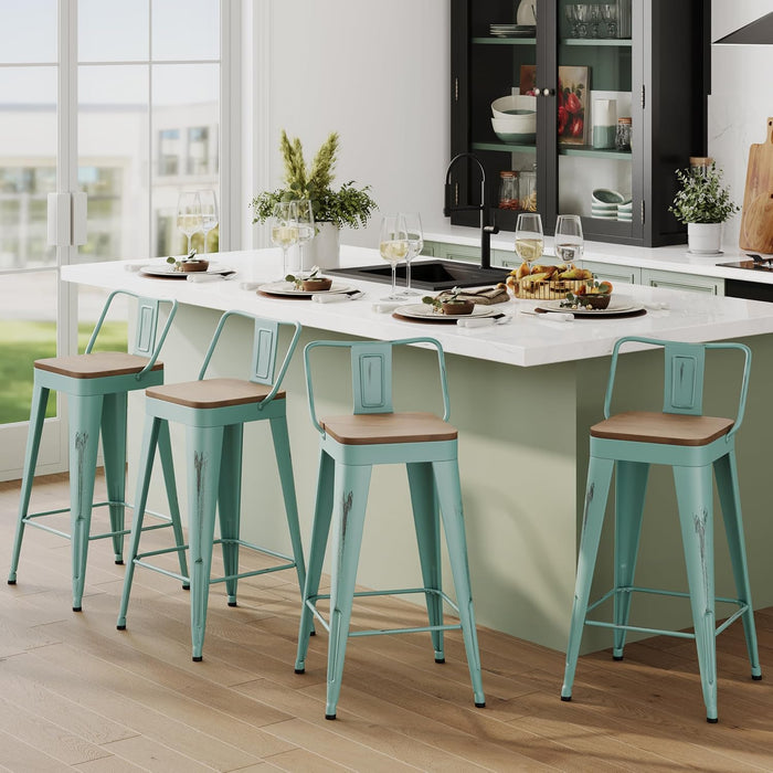 Bar Stools Set of 4, 24" Distressed Barstools, Green Blue | Metal Modern Industrial Counter Height Stools, Distressed, Wooden Seat, Footrest, Counter Height, Set of 4, 350 Lb