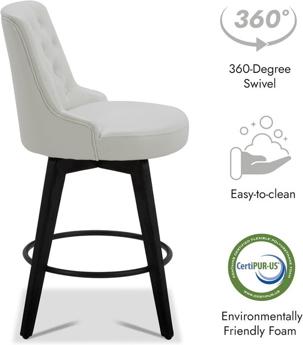 Counter Height Bar Stools, Faux Leather Upholstered Modern Swivel Barstool with Back, Solid Wood Legs, 26" H Seat, White