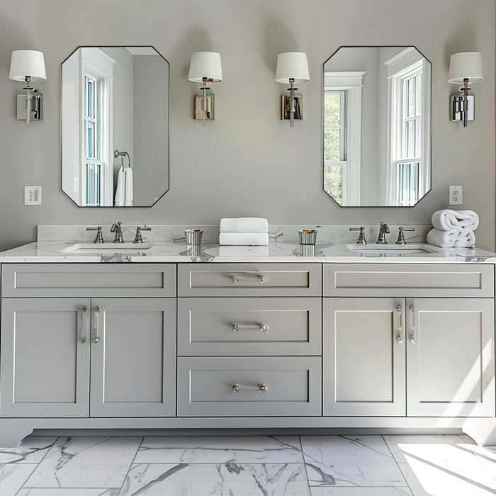 Brushed Nickel Octagon Bathroom Mirror, 24X36 Inch Stainless Steel Metal Frame, Anti-Rust, Shatterproof HD Glass, Wall Mounted for Bathroom, Bedroom, Living Room