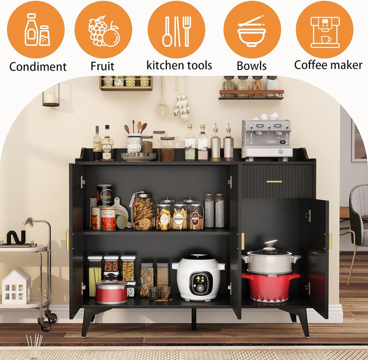 Sideboard Buffet Cabinet with Drawers: 47" Black Fluted Sideboard Cabinet with Storage, Modern Dining Room Cabinets Storage, Credenzas for Living Room(47")