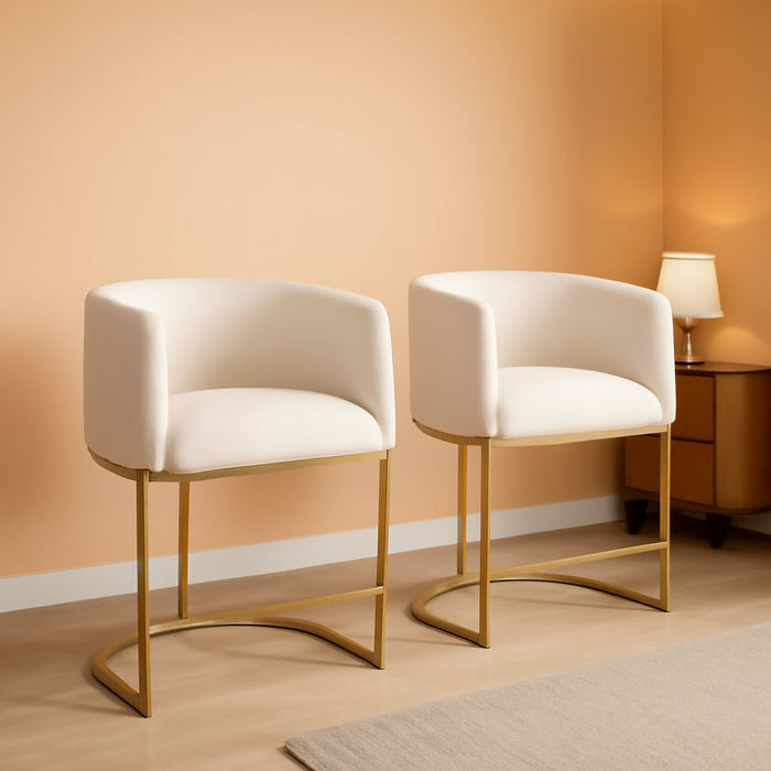 Modern Barrel Counter Height Clearance Bar Stools Set of 2, 24 Inch Velvet Kitchen Barstools with Back for Island, with Gold Metal Tubular Frame, Ivory