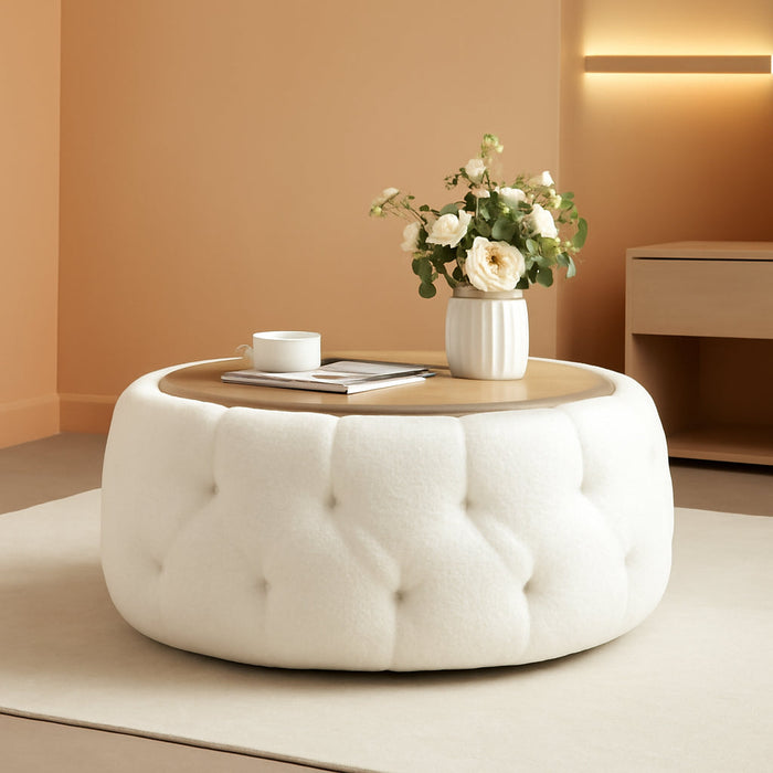 Large round Storage Ottoman Coffee Table with Wooden Tabletop, 30.5 Inches Teddy Fleece Tufted Ottoman for Living Room, Bedroom, Apartments, White
