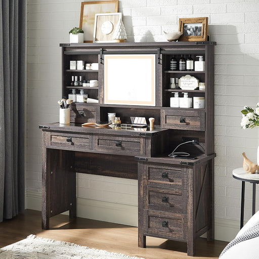 48'' Farmhouse Makeup Vanity Desk with Sliding HD Mirror and Lights, Big Modern Lighted Vanity Table with 7 Drawers & Shelves, Rustic Large Dressing Table for Bedroom, Dark Rustic Oak