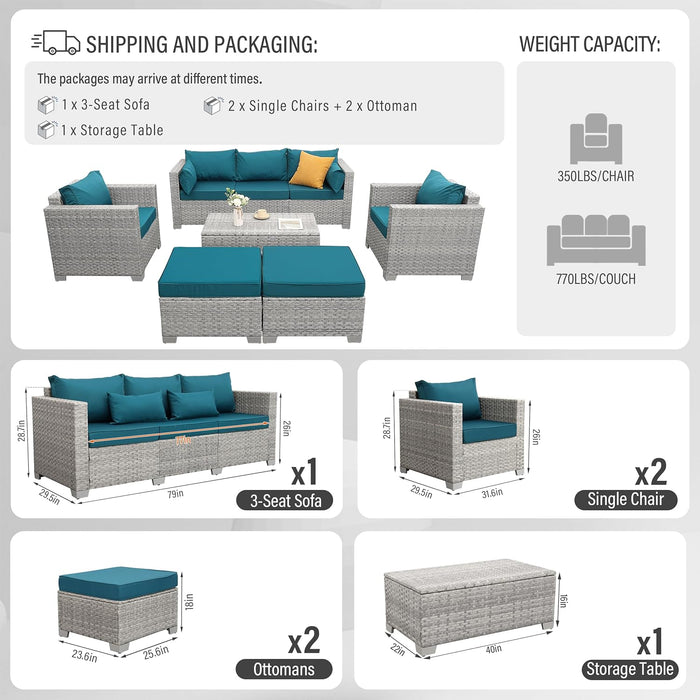 Patio Furniture Set 6 Piece Outdoor Patio Set Grey Wicker Balcony Furniture Conversation Sets PE Rattan Couch Sofa with Coffee Table, Peacock Blue Cushion