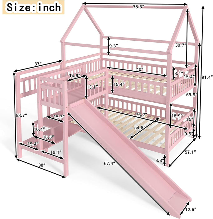 Pink FullOverFullBunkBed PlayhouseWithStairs Storage