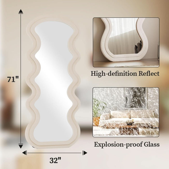 71"X32" Irregular Mirror Full Length, Large Full Body Freely Standing Mirror, Flannel Wave Floor Mirror with Stand for Bedroom, Living Room, Hanging or against the Wall, White