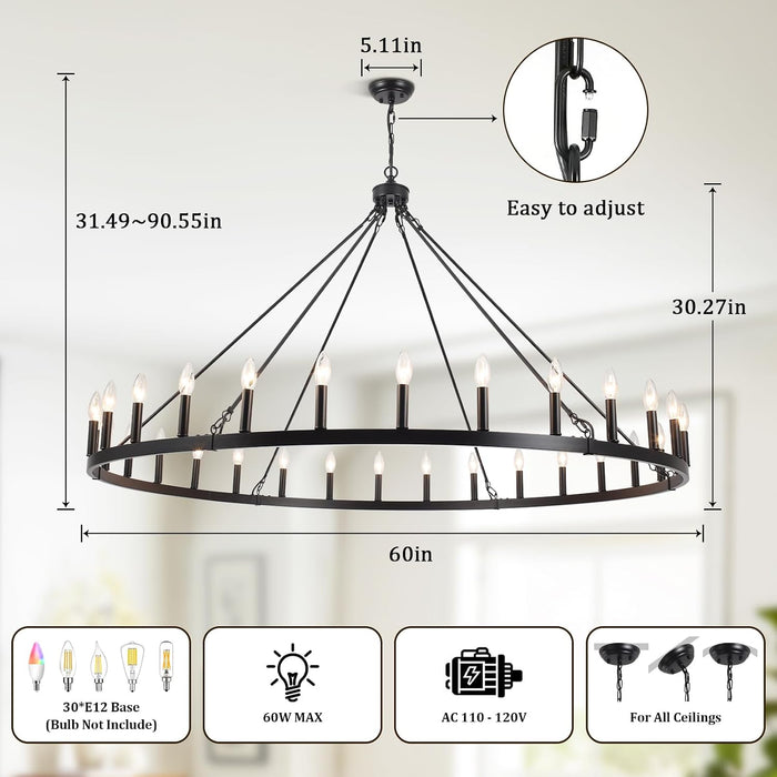 30 Lights Black Extra Large Wagon Wheel Chandelier, 60 Inch Farmhouse Industrial Ceiling Light Fixture for High Ceiling Outdoor Porch Living Dining Room Foyer Entryway, E12
