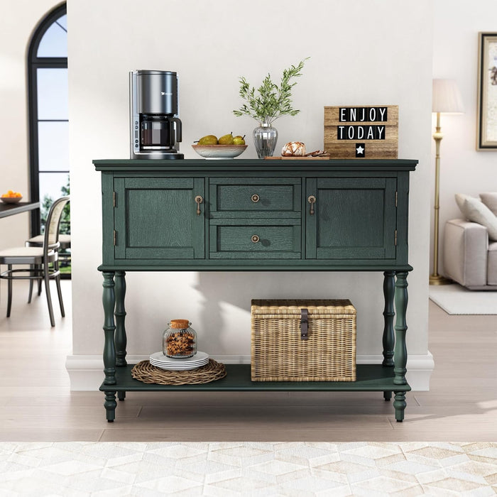 Console Table with 2 Drawers, Retro Entryway Table with 2 Door Cabinets and Open Storage Shelf, Narrow Long behind Couch Sofa Table for Living Room, Foyer, Hallway, Green