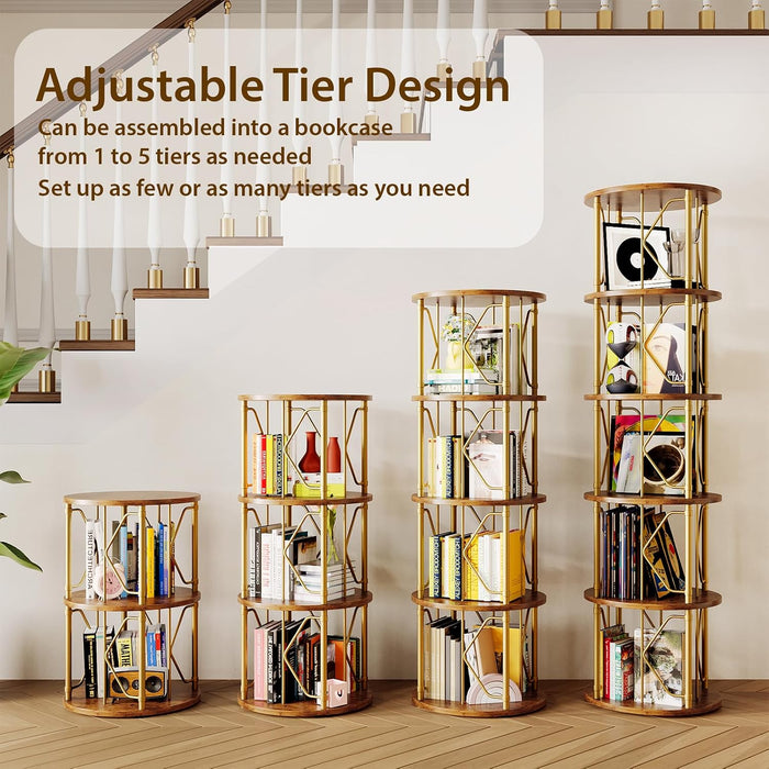 5 Tier Rotating Bookshelf Tower, Revolving Bookcase, 360° round Spinning Book Shelf, Narrow Swivel Bookshelves Vertical Turning Corner Bookshelf Organizer for Bedroom, Living Room, Gold & Brown
