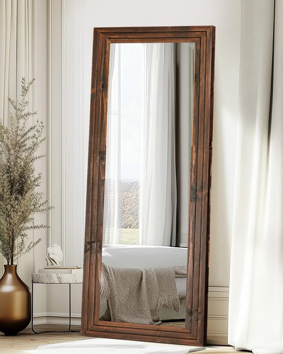 SixtyFiveInch Floor Mirror SolidWood Frame WalnutFinish Brown