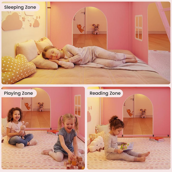 Pink Twin Over Twin Bunk Bed With LED Lights And Play Curtain