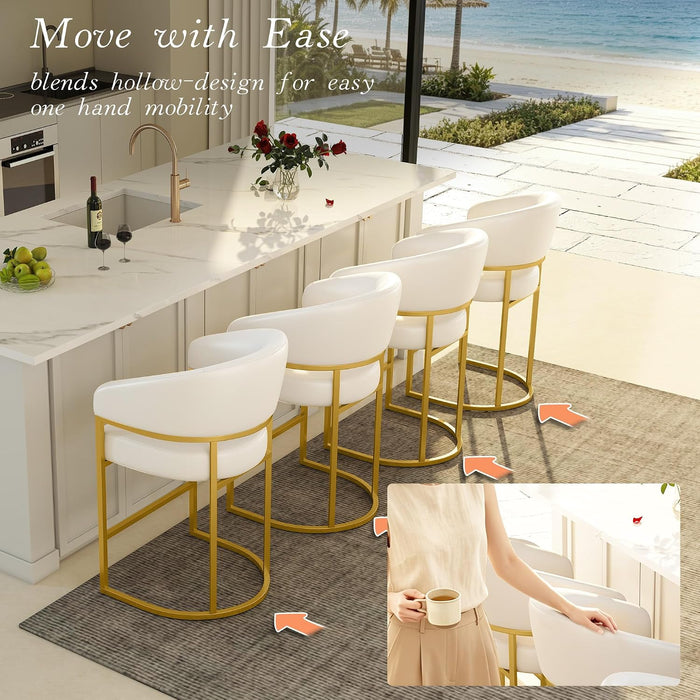 Modern Counter Height Bar Stools,Bar Stools Set of 3,PU Leather Upholstered Barrel Barstools with Backs,26" Kitchen Island Chairs,Metal Gold Frames,Support 480 Lbs,Beige White Leather