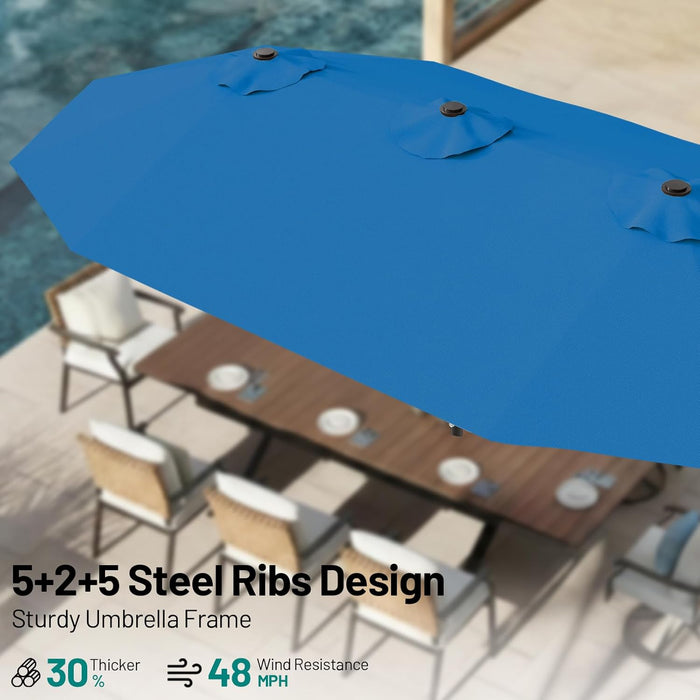 15FT Outdoor Patio Umbrella with Crank, Large Rectangular Market Umbrella, Double-Sided Outdoor Umbrellas with Cross Base & Sandbag for Porch, Lawn, Pool, Backyard, Royal Blue