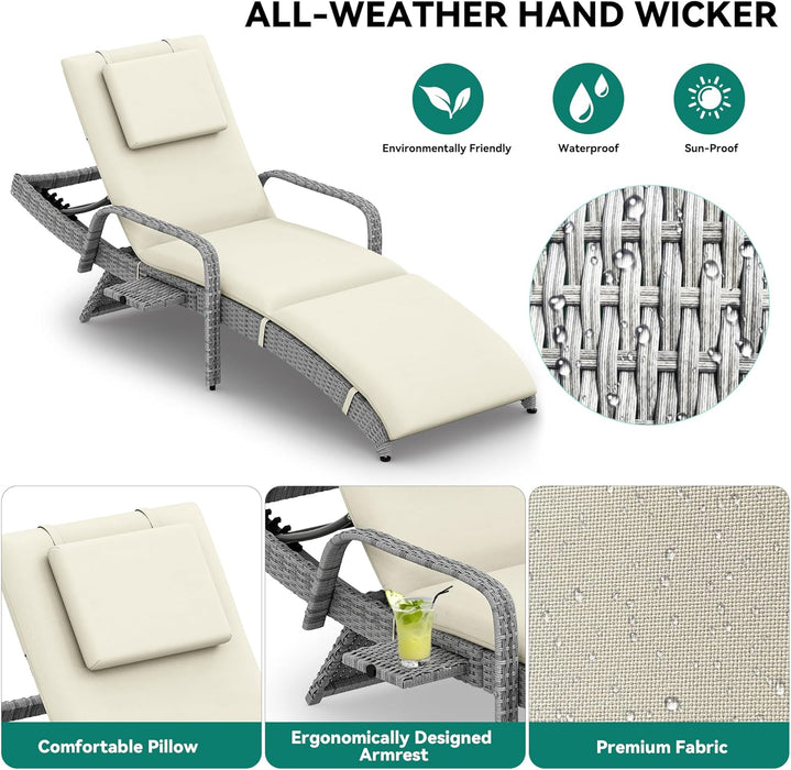 Patio Chaise Lounge Chair Set of 4, Wicker Chaise Lounge Outdoor Rattan Reclining Chair with Armrests/Pull-Out Cup Holder/5-Position Backrest/Cushion & Headrest-Beige