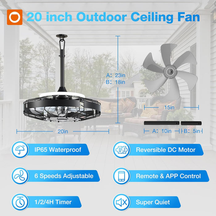 20 Inch Outdoor Ceiling Fan with Light for Patio, IP65 Waterproof Plug in Caged Hanging Fan, Remote Control, 3 CCT, 6 Speeds Reversible Outdoor Fan for Gazebo, Pergola, Porch
