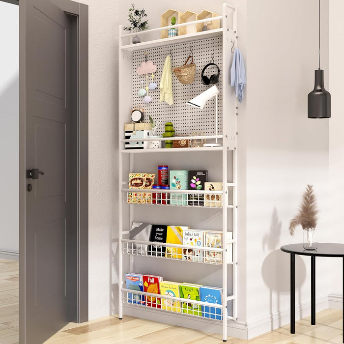 Behind the Door Bookshelf, Space Saving Metal Slim Shelf after Door | Tall Narrow Wall Mounted Storage Cabinet, behind Door Standing Bookcase with Hooks for Books Bedroom Living Room Office